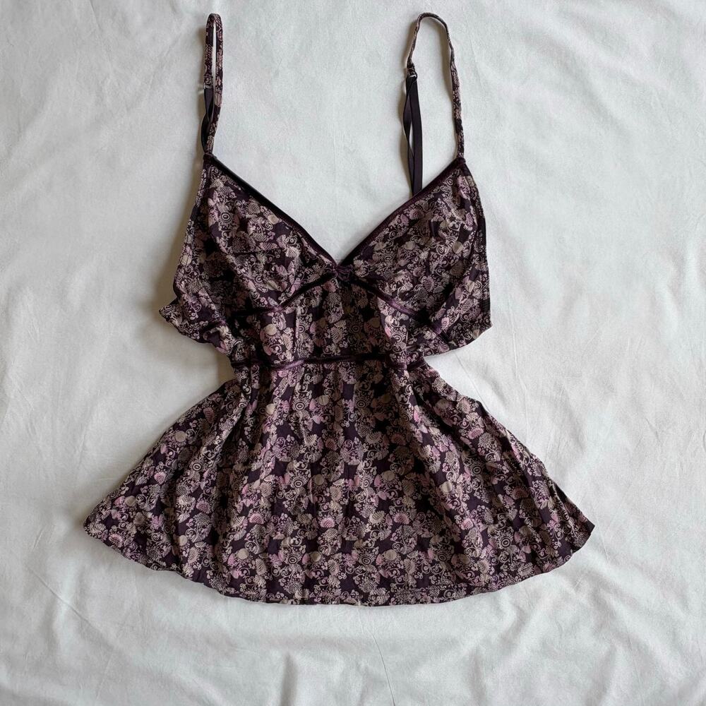 Y2K Babydoll Cami Etam Brown Floral Cotton Top - Size L